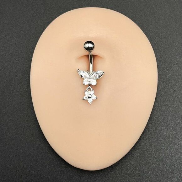 316L Stainless Steel with Diamond Cubic Zirconia Flower and Butterfly Belly Ring - Picture 6 of 7